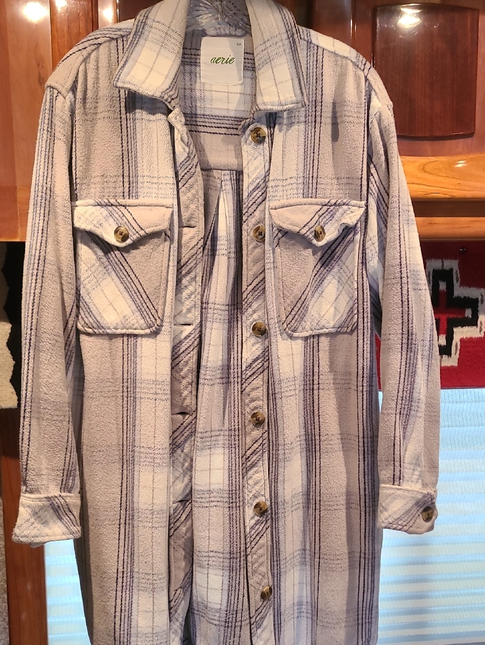 Aerie Beige and Purple Plaid Button-Up Jacket